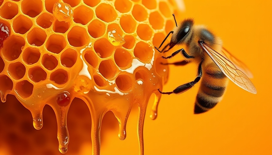 Golden honeycomb with hovering bee on orange background