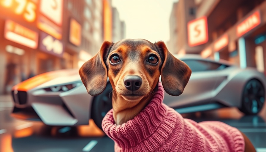 Dachshund wearing a pink sweater near a futuristic car in a city.