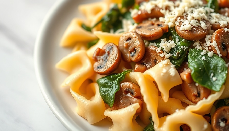 Creamy mushroom pasta with bow-tie pasta and greens.