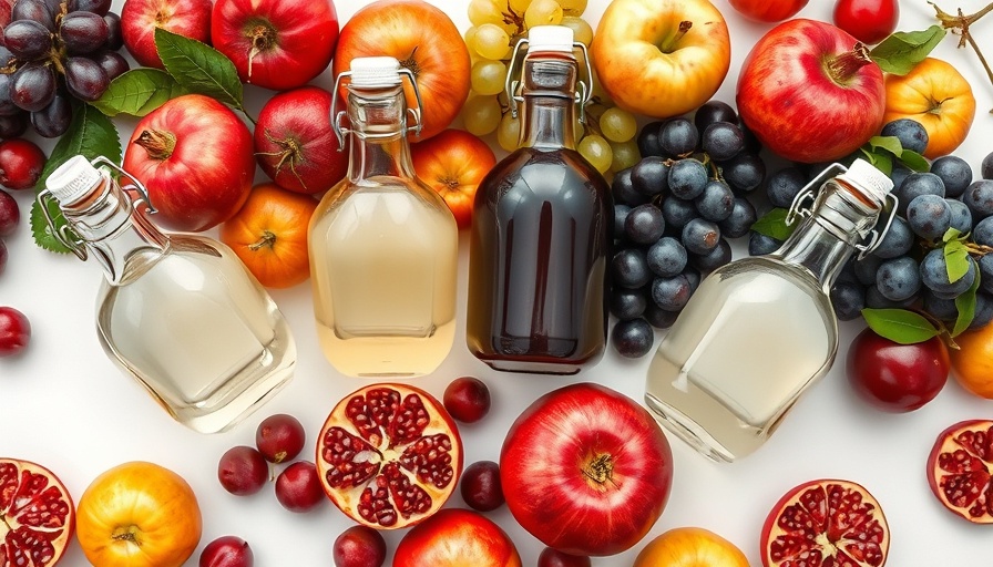 Assorted types of vinegar with fruits on a white background.
