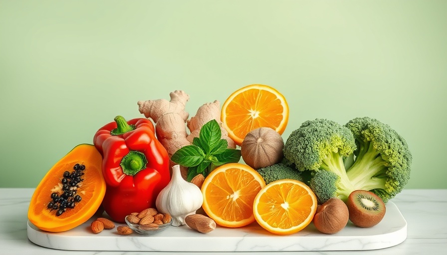 Vibrant anti-inflammatory foods assortment on marble board.