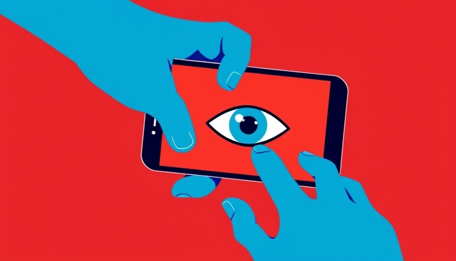 Stylized illustration with blue hand holding smartphone, eye icon displayed, red background.