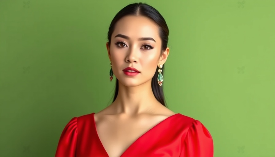 Elegant woman in red dress with subtle green backdrop.
