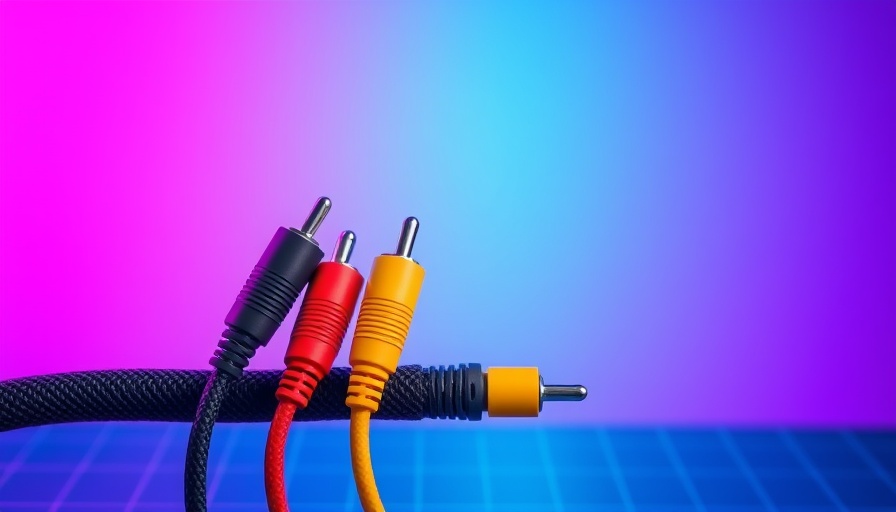 Colorful RCA cables against a gradient background, history of RCA cables.