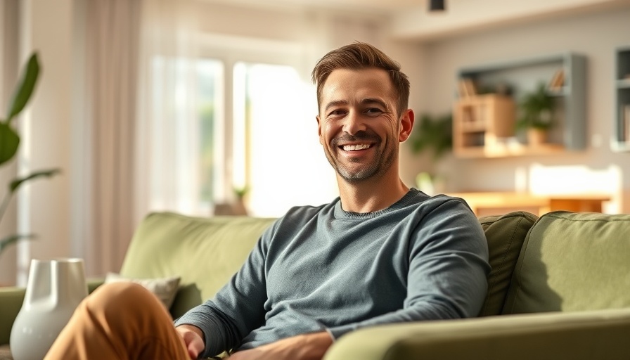 Casual man on couch in modern room, blockchain loyalty app for restaurants.