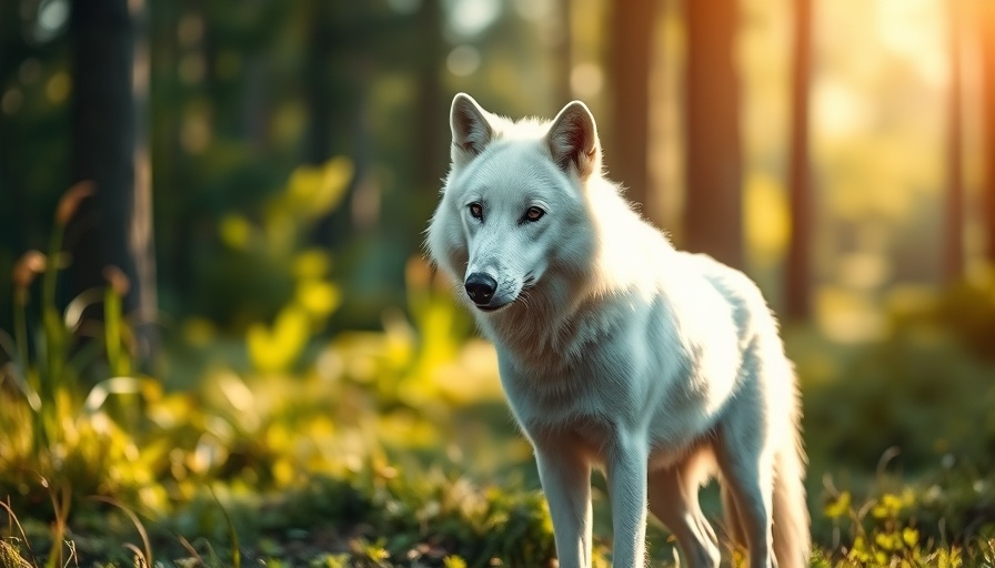 Lifelike white dire wolf standing in forest, Colossal Biosciences dire wolf revival.