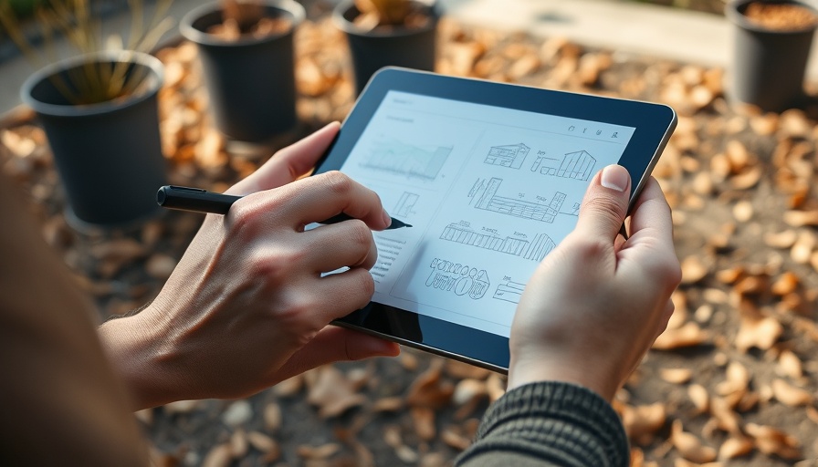 Hands using E-ink tablet for garden notes.