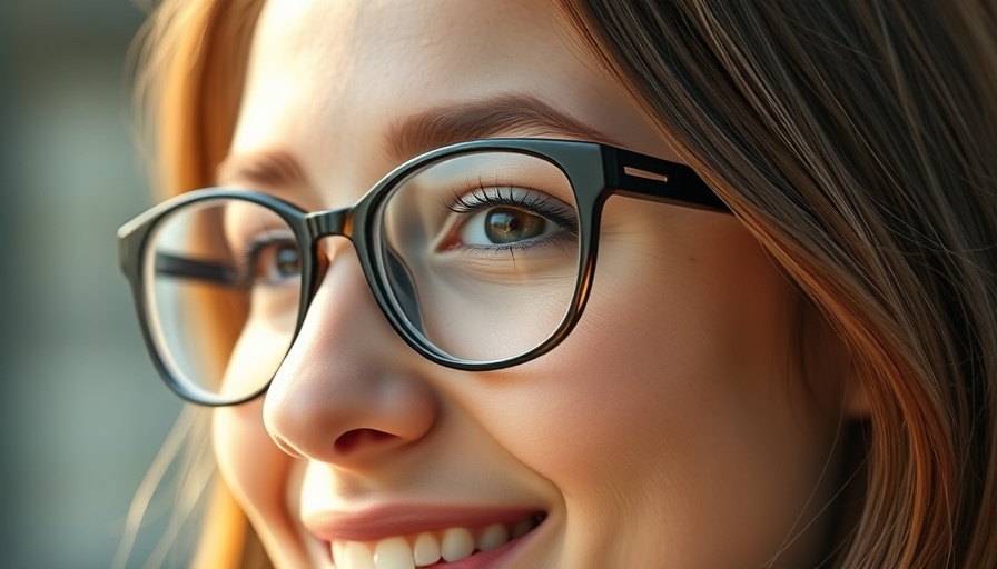 Close-up of a young woman with glasses smiling indoors.