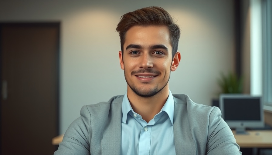 Confident young man seated indoors at office setting.