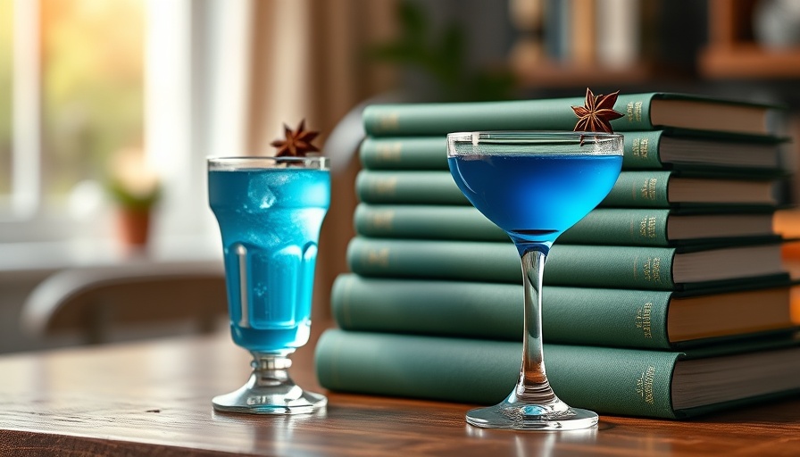 Cocktail-themed book clubs with green books and blue cocktail.