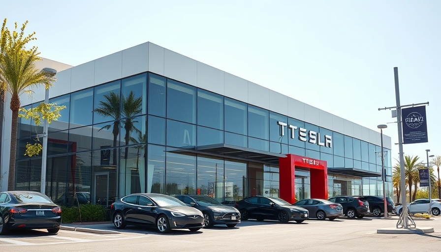 Tesla dealership in Saudi Arabia under clear blue sky.