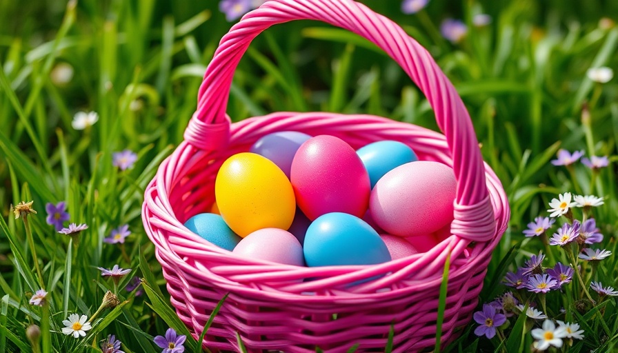 Easter basket alternatives: Bright pink basket with colorful plastic eggs on grass.