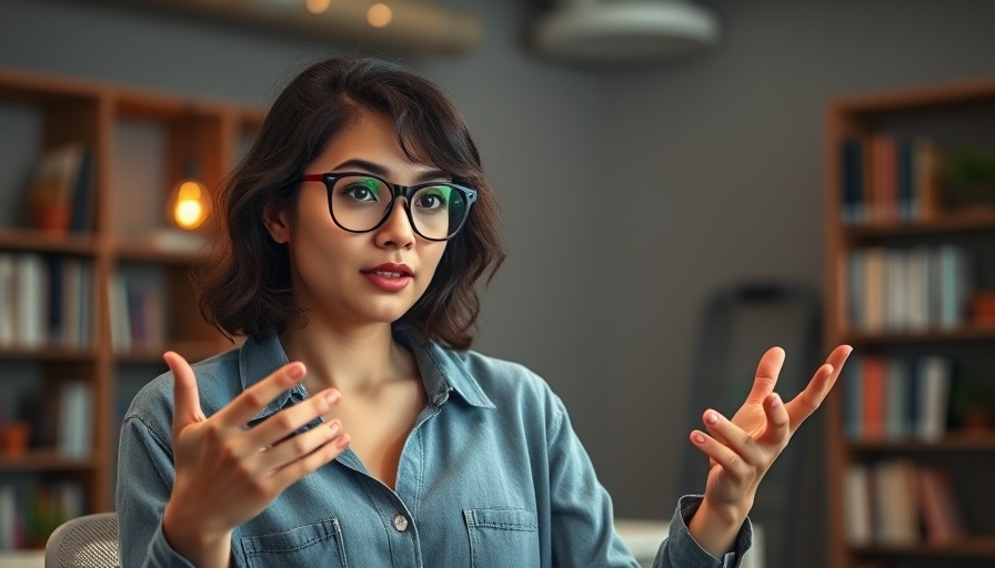 Focused woman discussing ideas in a cozy modern office setting.