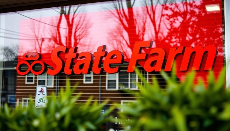 State Farm office window with red logo, suburban setting