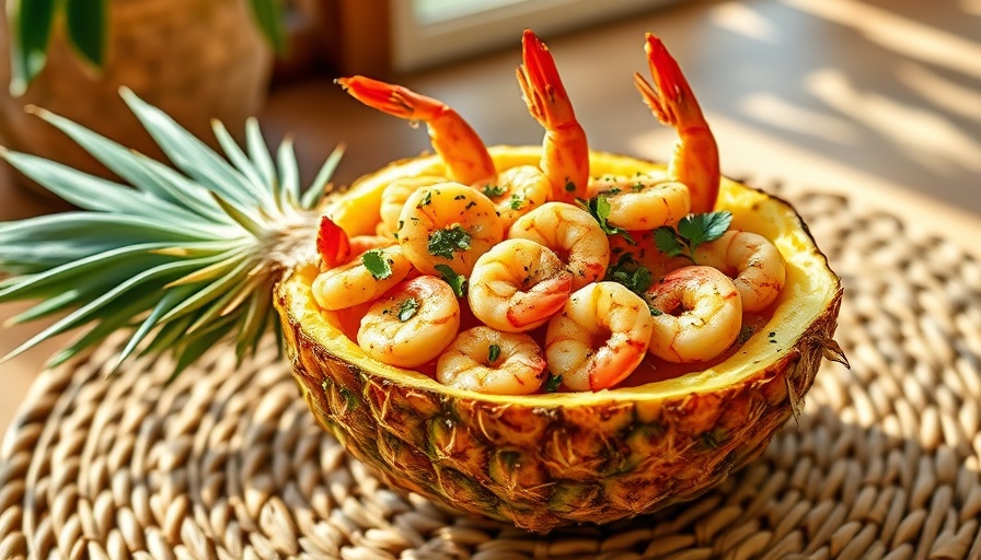 Hawaiian garlic shrimp served in a pineapple half with herbs.