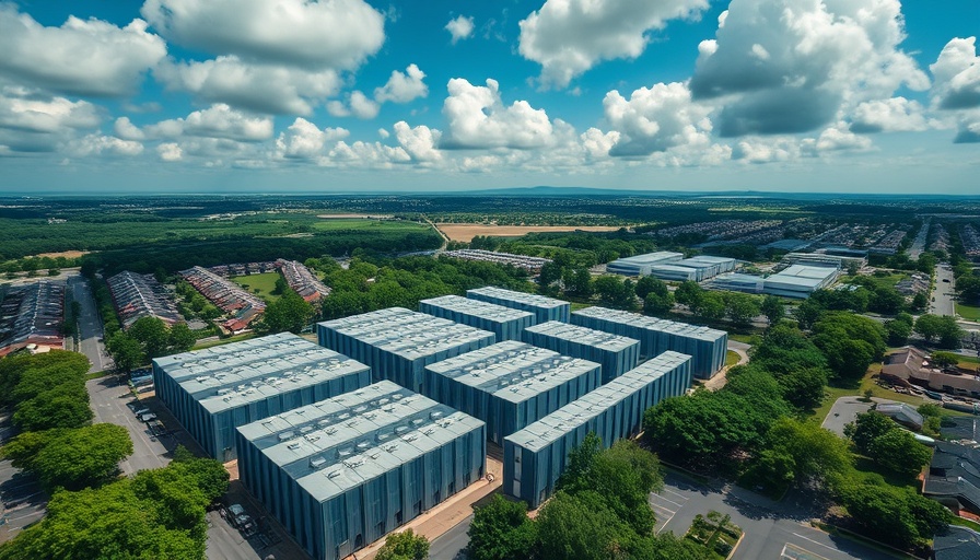 Aerial view of a data center and residential area, AI and Climate Change.