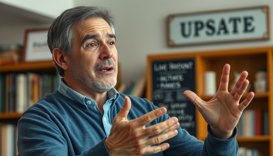 Expressive middle-aged man speaking indoors with books in background