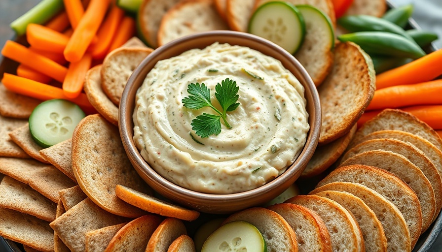 Artichoke white bean dip garnished with parsley surrounded by crackers.