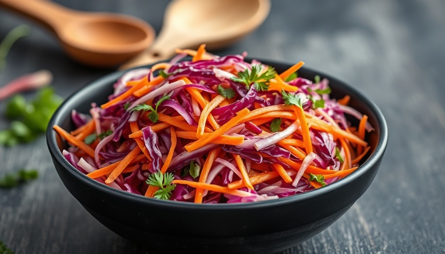 Red cabbage salad recipe with carrots in a black bowl, fresh and vibrant.