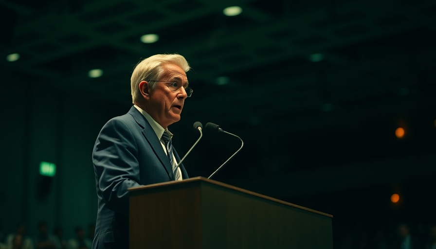 Senior man delivering a speech at a podium, John Piper Gospel Triumph