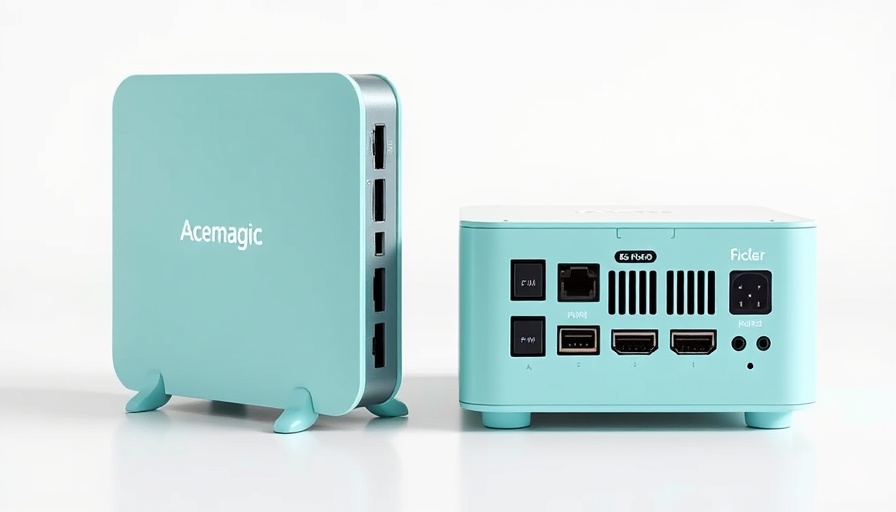Acemagic F1A Mini PC in teal highlighting design, deal available.