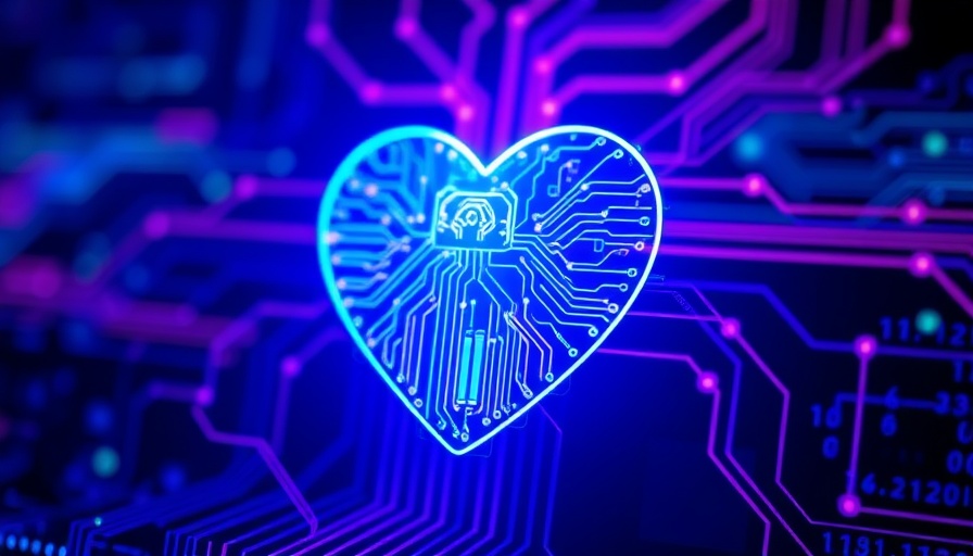 AI-Augmented Leaders concept: Glowing digital heart with circuitry.