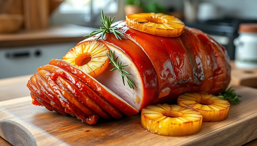 Glazed ham with pineapple for Easter recipes for weight loss, garnished with rosemary.
