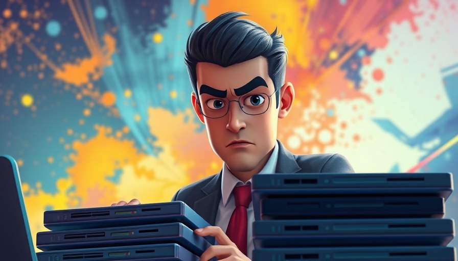 Animated businessman inspecting laptops amid fresh tariffs on tech industry.