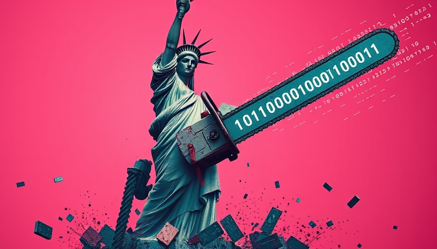Surreal depiction of technology threat with Statue of Liberty, DOGE AI integration risks.