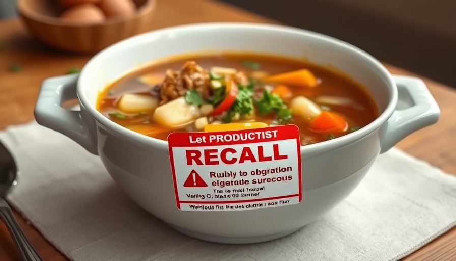 Soup recall alert on ceramic bowl of soup, product recall warning.
