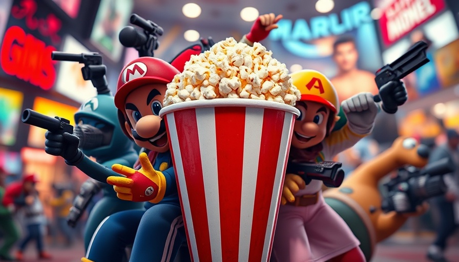 Iconic video game characters with popcorn and game backdrop.