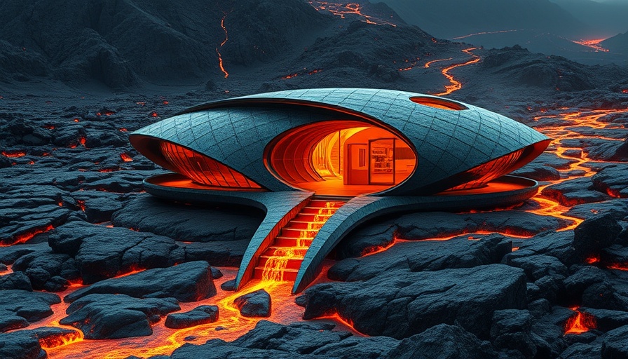 Futuristic building using lava as material in volcanic landscape