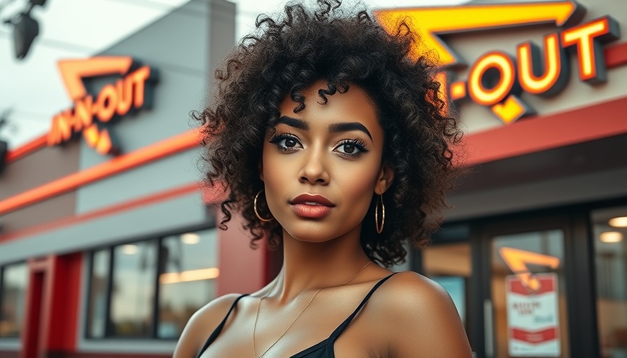 Glamorous young woman in orange dress posing confidently near fast food restaurant.