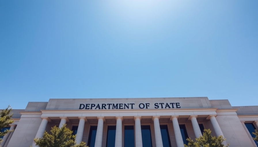 US Department of State building with sign, blue sky, architectural photo.