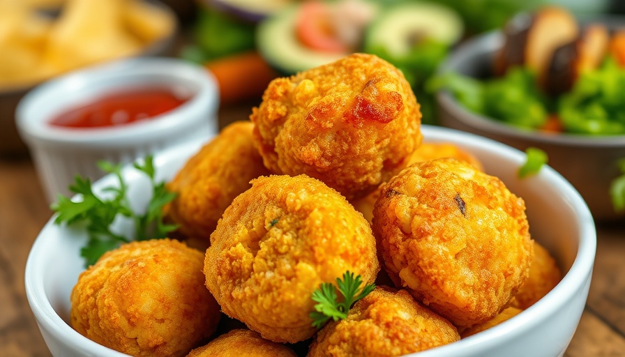 Crispy croquettes in a bowl with green garnish, healthy side dish.