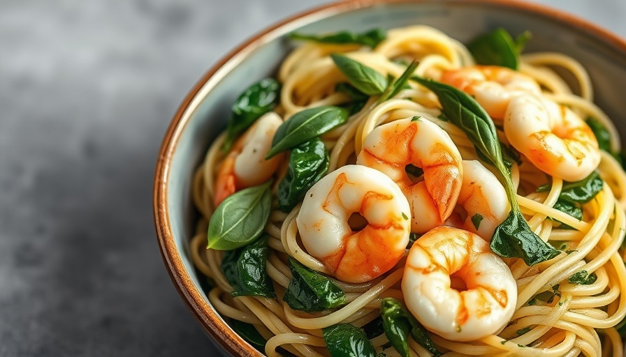 Spinach Shrimp Fettuccine in ceramic bowl with vibrant colors.