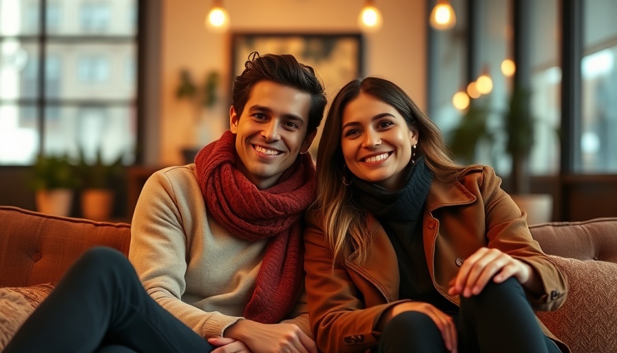 Smiling couple in stylish outfits, cozy indoor setting.
