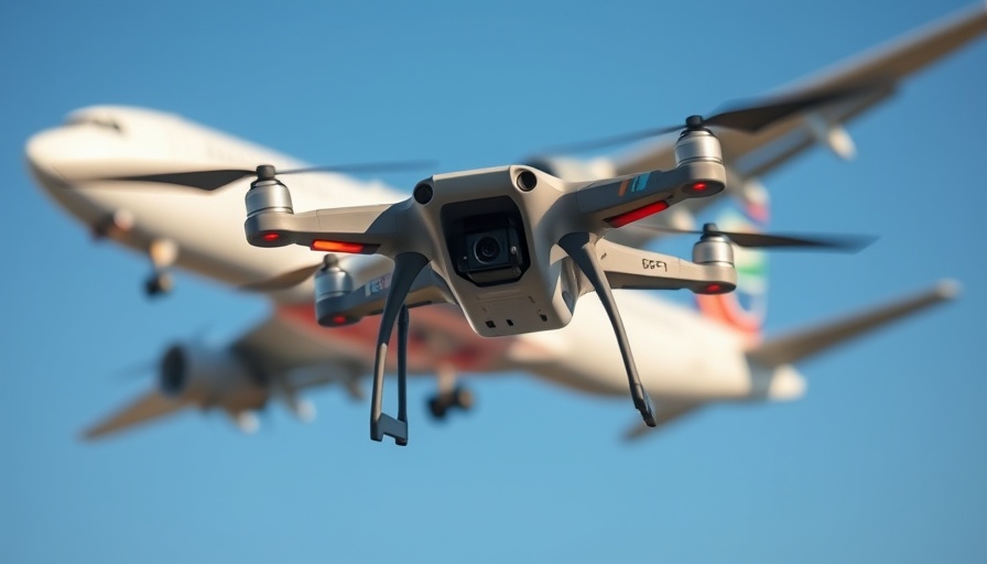 Drone near a commercial airplane in blue sky, representing drone near misses.