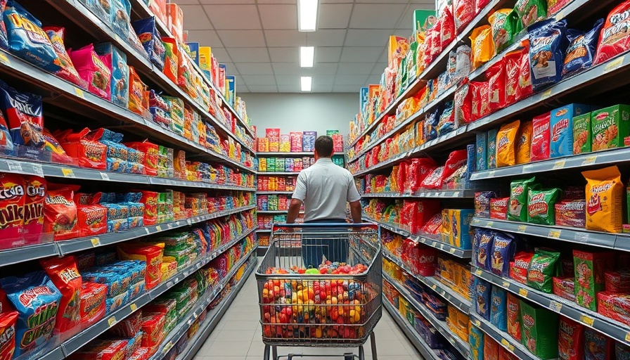 Shopping cart in candy aisle showcasing artificial dye products.