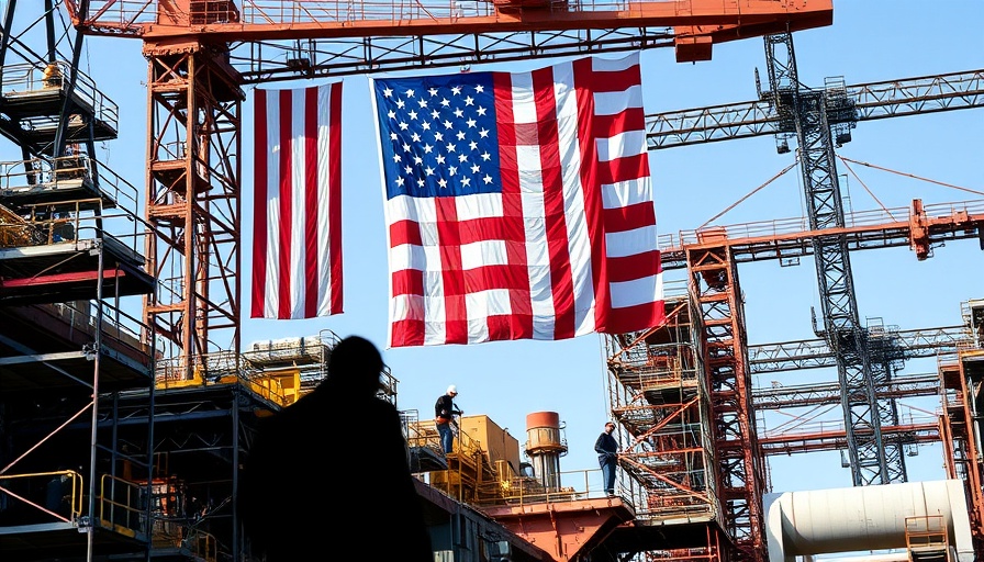 Industrial scene with American flag and workers, highlighting U.S. industry.