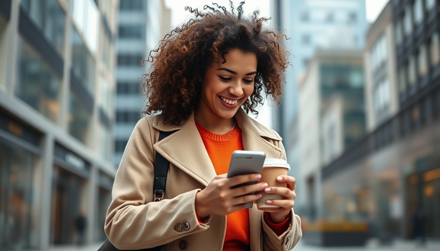 Woman in city smiling at phone, relevant to best VPN services for business.