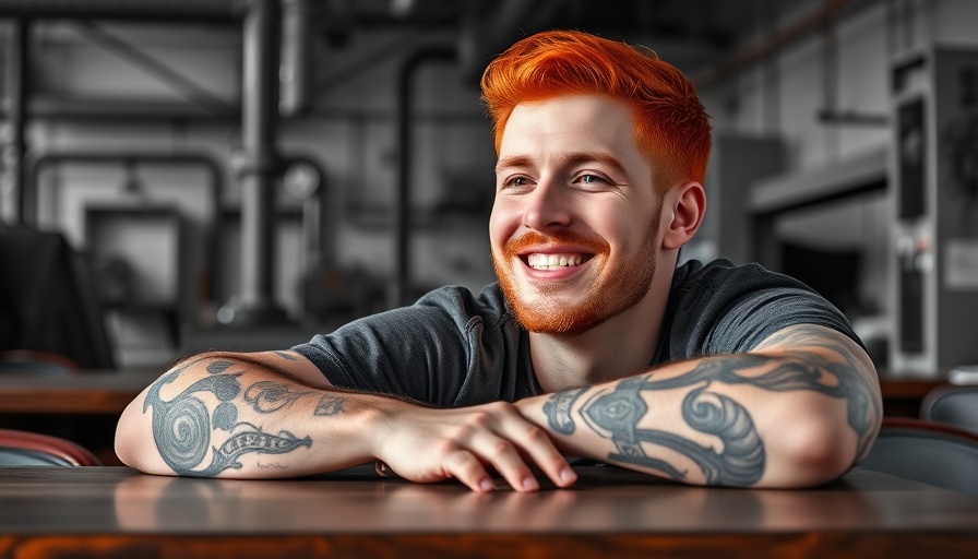 Relaxed man with vibrant red hair in a casual setting.