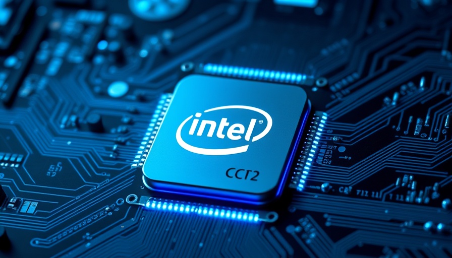 Futuristic Intel CPU in glowing digital circuit, advanced technology.