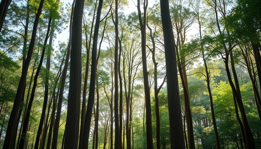 Eucalyptus trees in a serene forest, highlighting Apple's eucalyptus carbon bet.