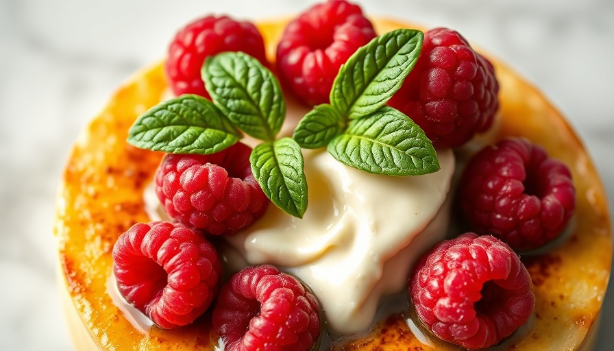 Exquisite dessert, creme brulee with raspberries and mint, desserts too good to share.