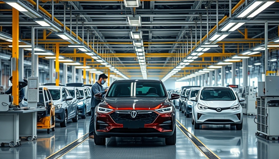 Chinese EV factory with cars being inspected on assembly line.
