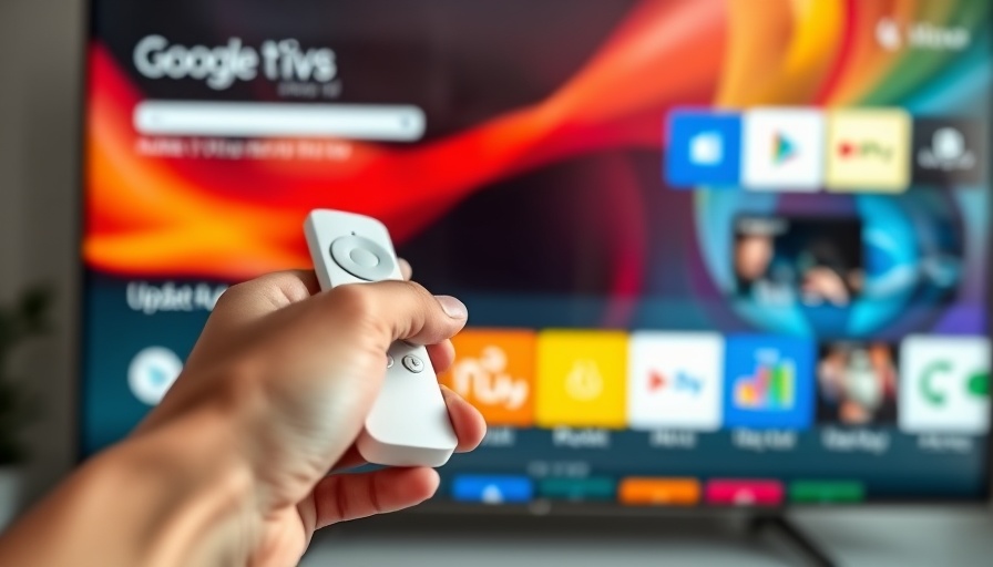 Hand holding remote in front of Google TV showcasing Android 15 Update.