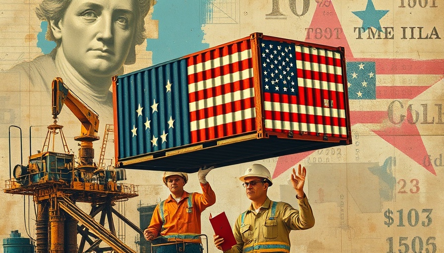 Trump tariffs impact on manufacturing represented in surreal collage art.