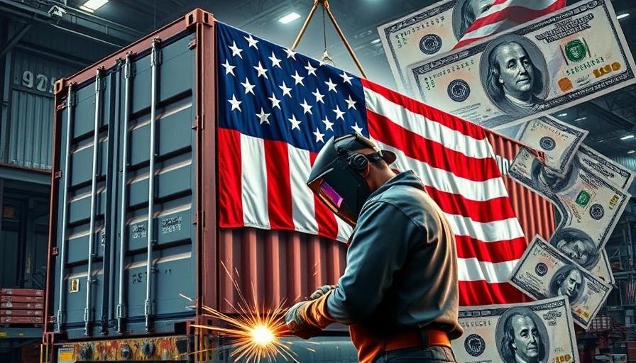 Illustration of US manufacturing tariffs impact with flag, worker, and dollar.