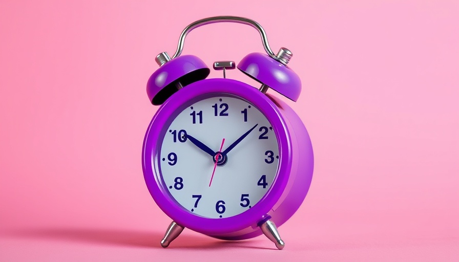 Purple alarm clock with sound waves on pink background, symbolizing punctuality.